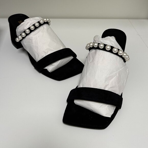 Stuart Weitzman Goldie 60 Pearl Slide Sandals 6.5 NIB Block Heel Black Suede - Picture 4 of 14